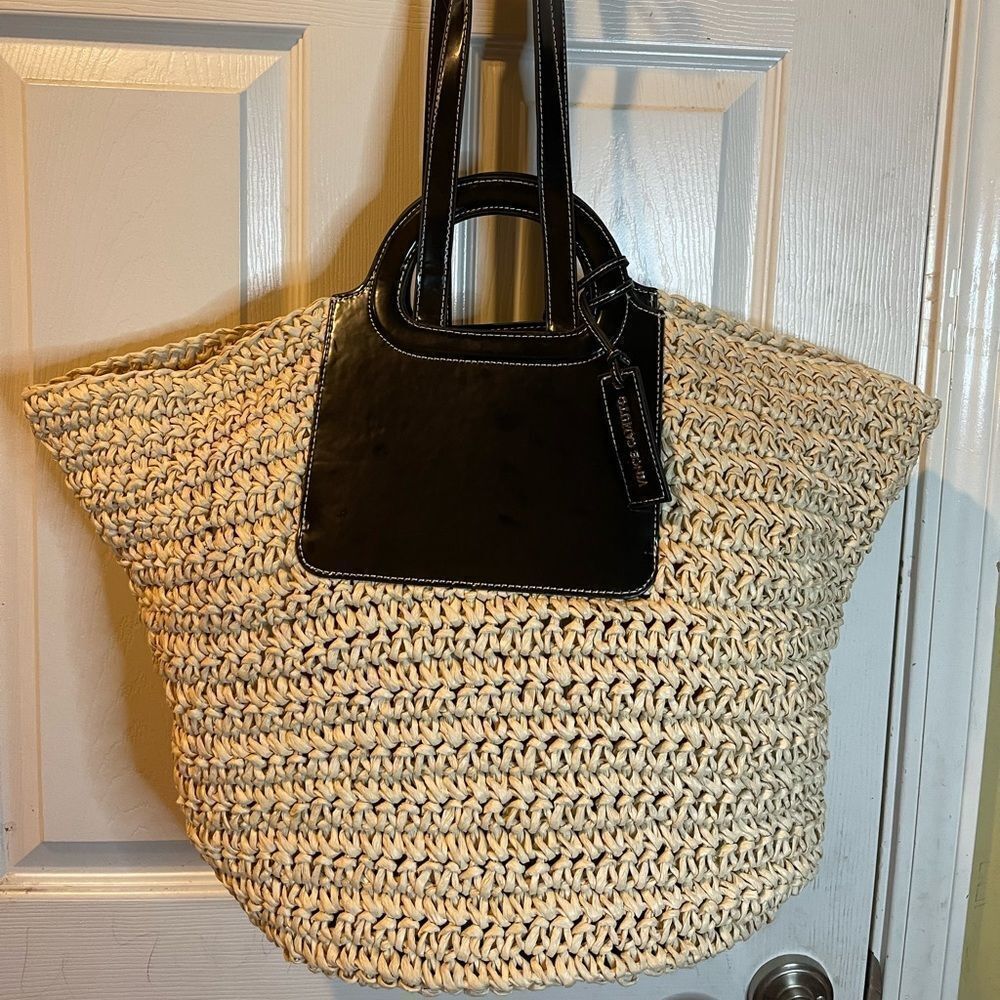 Vince Camuto Lena soft woven natural straw X Large tote black faux leath…